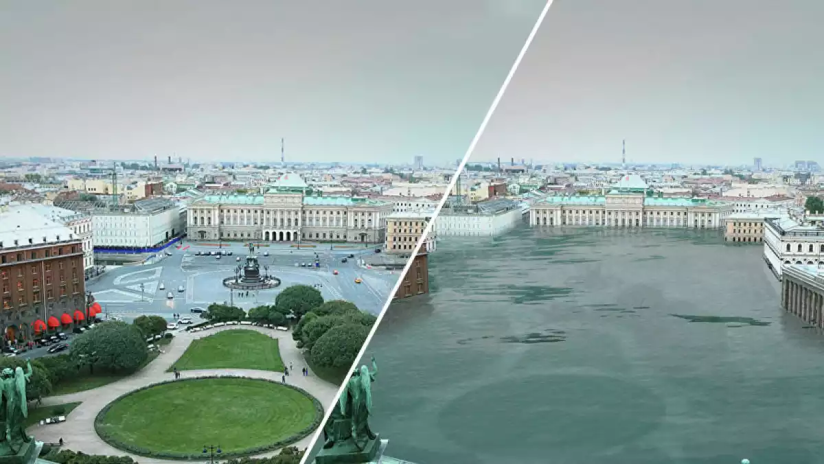 Imatge que mostra la ciutat de Sant Petersburg mig inundada en un futur