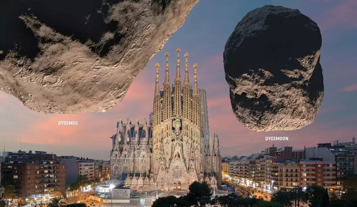 El sistema de asteroides Didymos y la Sagrada Familia en Barcelona
